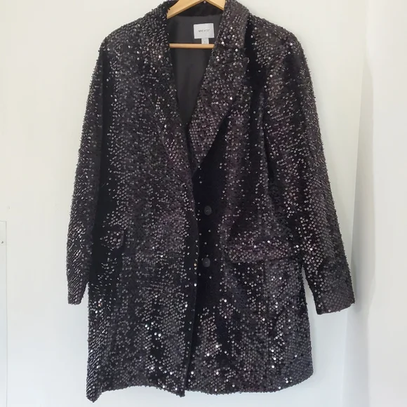 NINE WEST Sz XL Black Sequins Blazer 36" Mini Dress LS Collar Glitzy NYE EUC - Picture 12 of 16